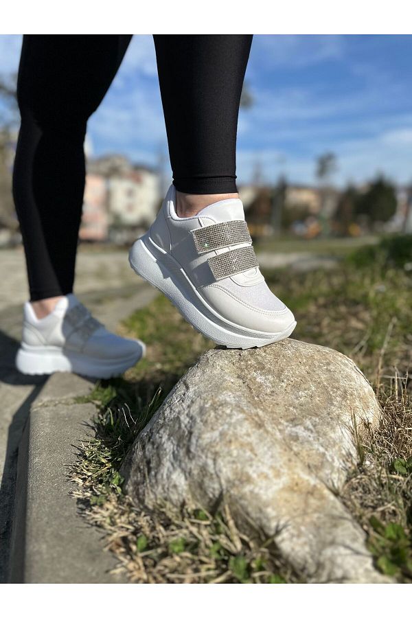 merShoes Casual Women s High Heel Sneakers Double Velcro Stone Detail White Shiny Sneakers 707 Trendyol