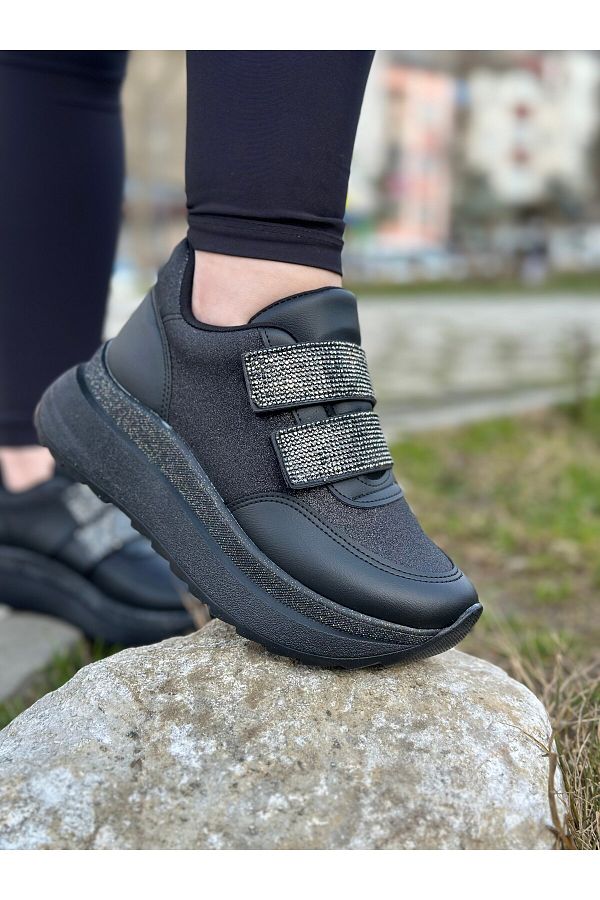 merShoes Casual Women s High Heel Sneakers Double Velcro Stone Detail Black Shiny Sneakers 707 Trendyol