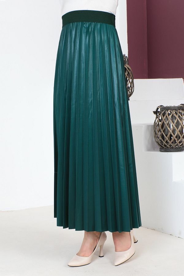 Green leather pleated skirt on sale