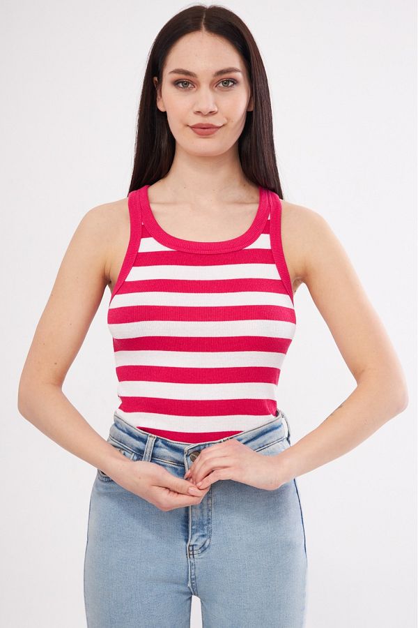 MİSS M.A.T FASHİON-Women's Striped Ribbed T-shirt Halter Neck Knitted Tank Top 1