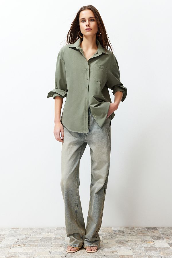 Trendyol Collection-Sötét khaki egyzsebű Boyfriend szőtt pamut ing TWOAW20GO0115 1
