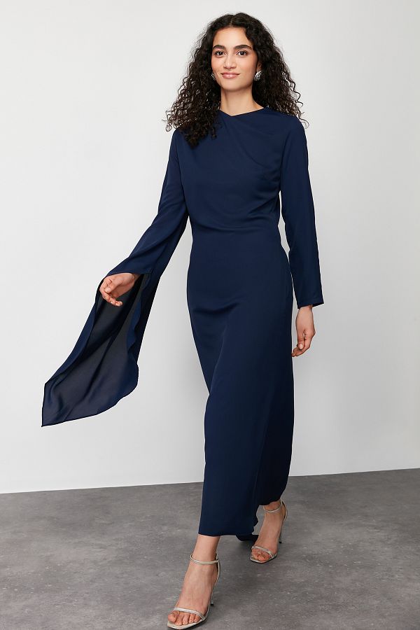TRENDYOL MODEST Navy Blue Evening Dress Shawl Detailed and Unlined Dress TCTSS24DB00036 Trendyol