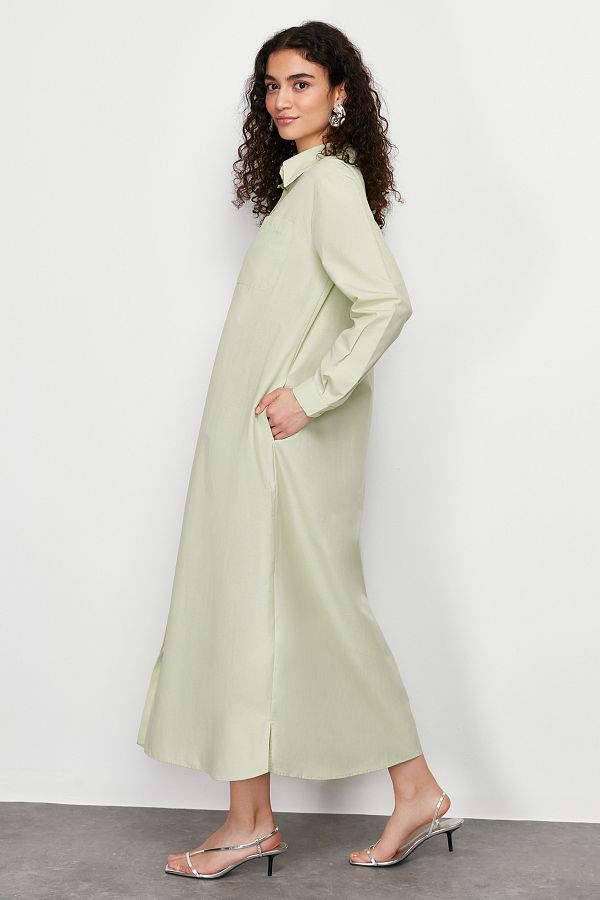Trendyol Modest-Light Khaki Buttoned Woven Shirt Dress Tctss24Eb00137 1