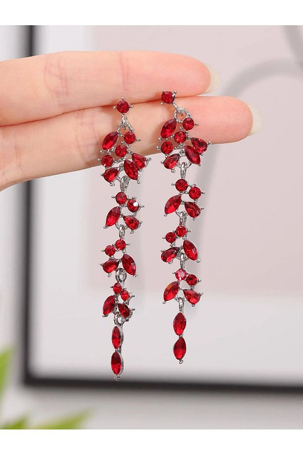 Choice Fashionable Long Earrings with Diamond Leaves and Tassels Elegant Temperament Premium Earrings Trendyol