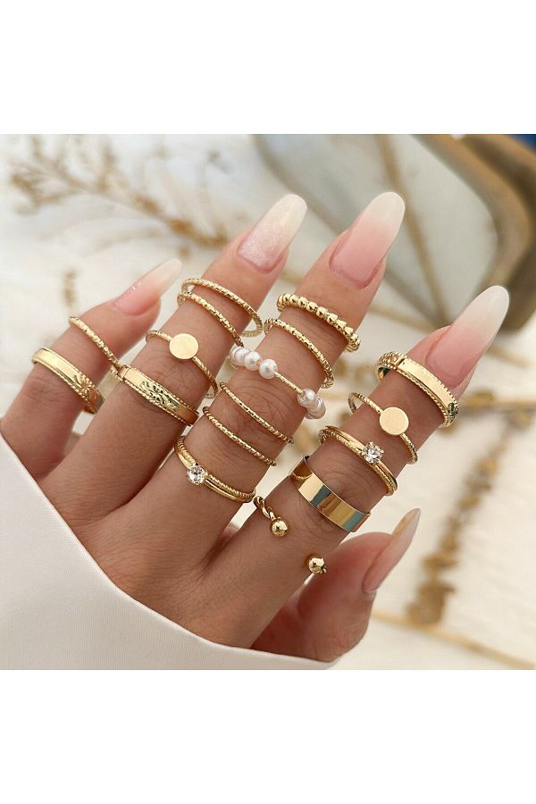 Choice 16pcs set Vintage Gold Color Zircon Rhinestone Rings Set For Women Wed Bridal Boho Geometric Ring. Trendyol