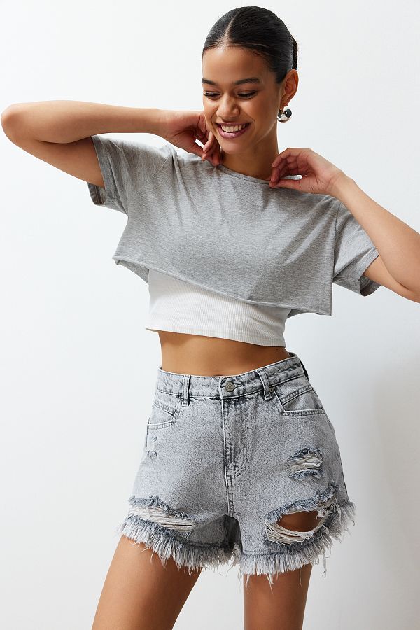 Grey high waisted denim shorts shop
