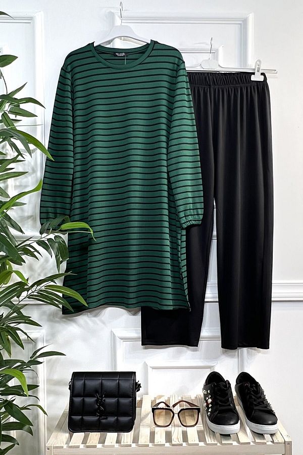 Aşkı Endam-Large Size Tuana Striped Corded Full Flexible Double Set - Emerald 1