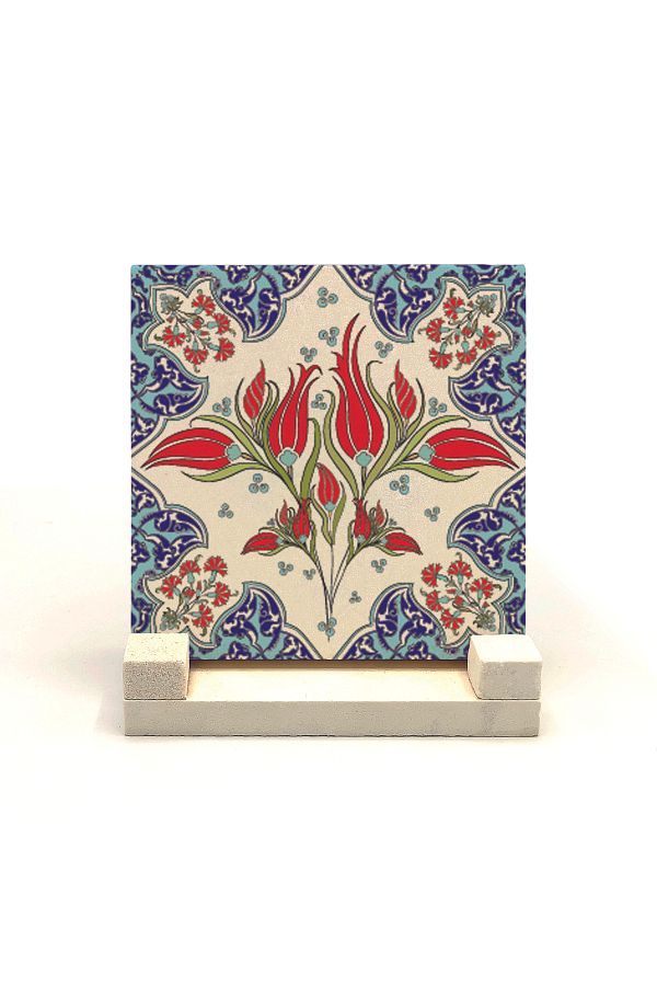 Sadrazam-Ottoman Iznik Tile Pattern Printed Natural Stone Desktop 10x10 Kd-39 1