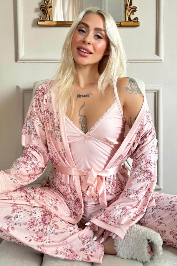 Pijamaevi Pink Flore Exclusive Knit Robed Women's Pajama Set