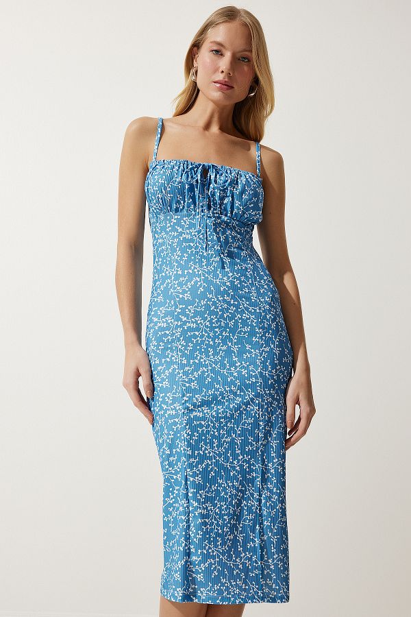 Happiness İstanbul-Leuchtendes hellblaues Sommer-Strickkleid mit Blumenmuster und Schlitz für Damen CI00029 1