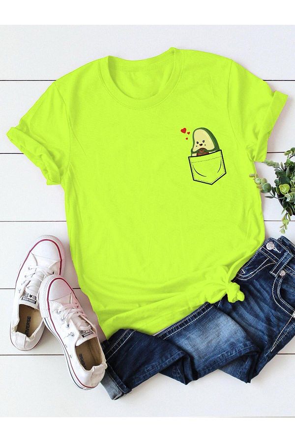 LOUİSA-Tricou supradimensionat pentru damă, verde neon, cu inimă și ananas cu imprimeu 1