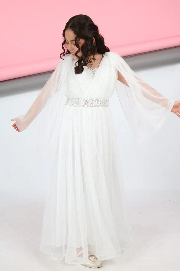 Your Consent-Girl's Waist Sequin Embroidered Back Elastic Lace Sleeve Detail Evening Dress Graduation Wedding Prom Dress 1