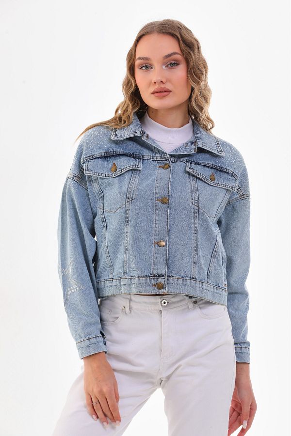 OkLook Star Detailed Jewelled Sleeve and Back Denim Jacket Trendyol