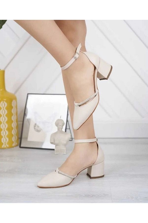 Ymn ayakkab Women s Beige Skin Diamond Stoned Slit Belly Ankle Strap Short Heeled Shoes Evening Dress Shoes Trendyol