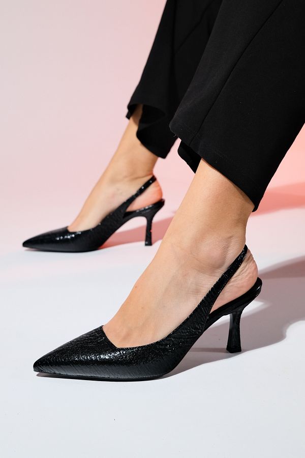 LuviShoes-PLOVA Black Shiny Pointed Toe Open Back Thin Heeled Shoes 1