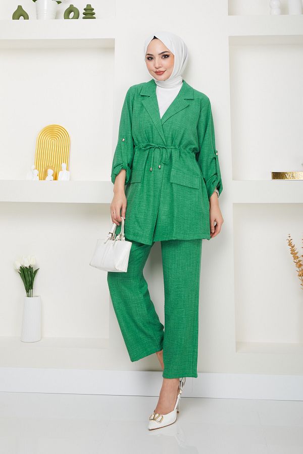 Swana-Women's Linen Suit with Tie Waist Jacket and Trousers - Green 1