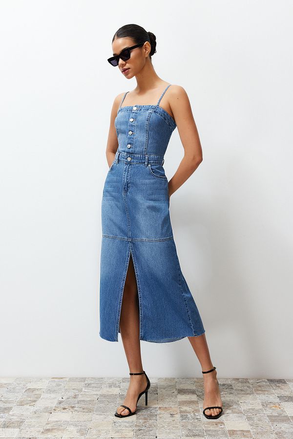 Trendyol Collection-Rochie maxi din denim cu bretele cu cusături cu fante albastre TWOSS24EL00544 1