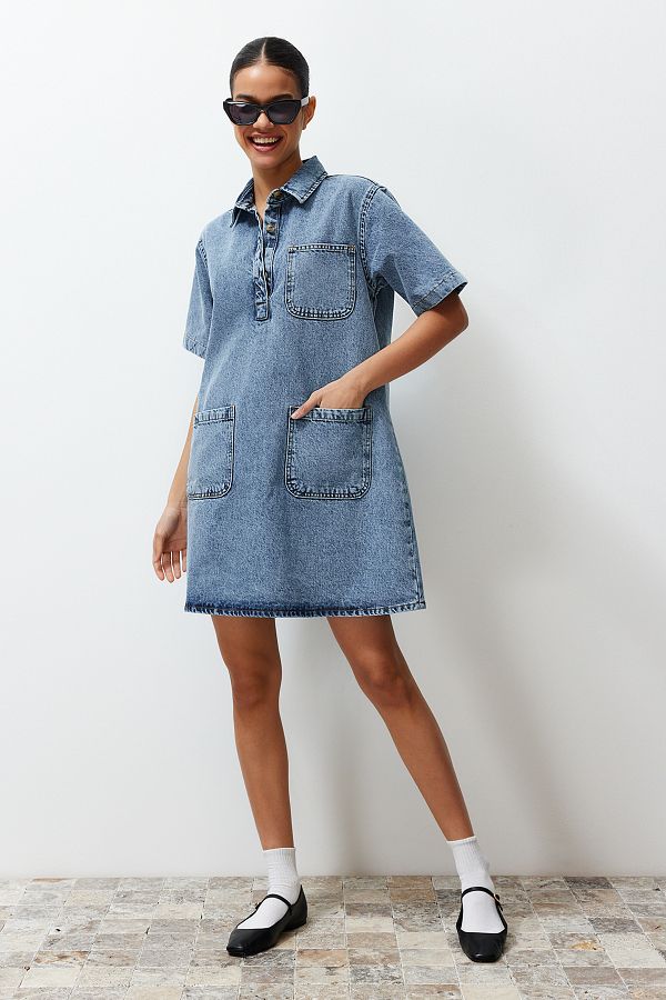Trendyol Collection-Rochie cămașă mini denim supradimensionată cu buzunar albastru TWOSS22EL3022 1