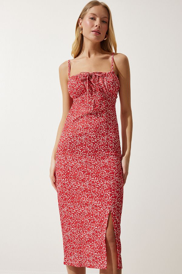 Happiness İstanbul-Women's Vibrant Red and White Floral Slit Summer Knitted Dress CI00029 1