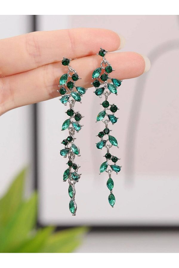 Choice Fashionable Long Earrings with Diamond Leaves and Tassels Elegant Temperament Premium Earrings Trendyol