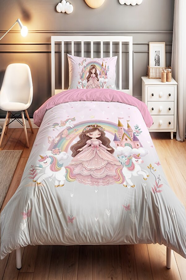 Evpanya Unicornlu Prenses Desenli Tek Kişilik Bebek Çocuk Nevresim Seti