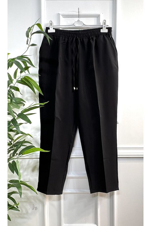 Aşkı Endam-Large Size Charm Imported Slinky Trousers with Elastic Waist and Side Pockets - Black 1