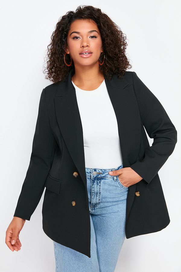 Trendyol Curve-Schwarzer, übergroßer, gefütterter, zweireihiger, gewebter Blazer-Jacke TBSSS24AG00002 1