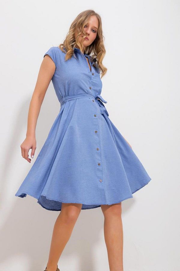 Trend Alacat Stili Women s Blue Sleeveless Linen Woven Shirt Dress ALC X6056 Trendyol