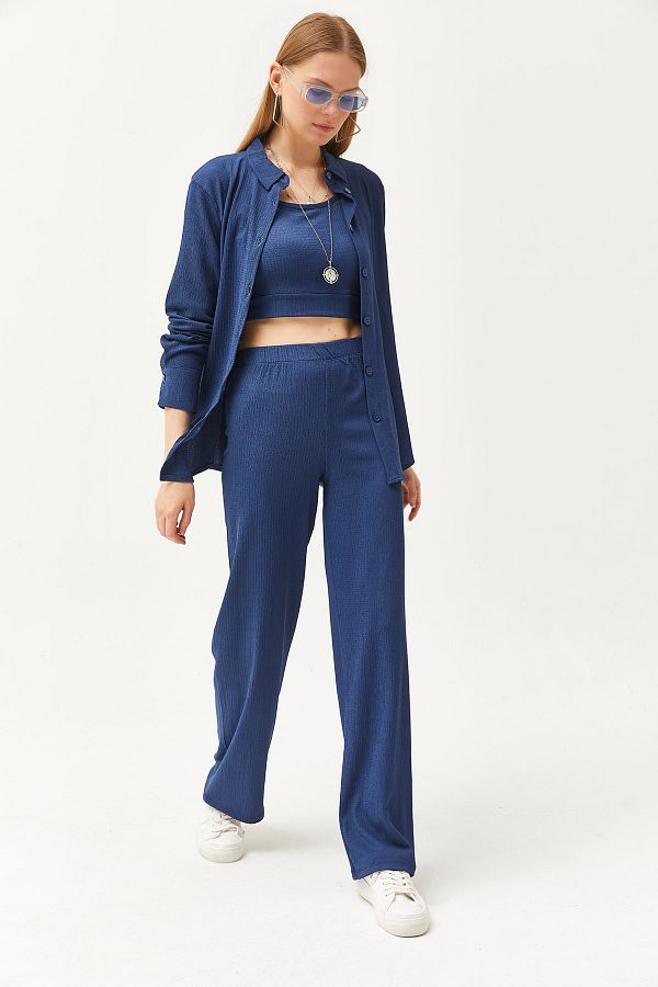 Olalook-Damen Indigo Hemdbluse Hose 3-teiliges Set TKM-19000270 1
