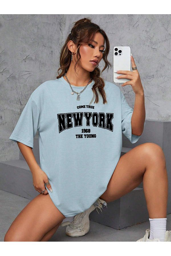 Yasolin-Unisex Women/Men's NEW YORK Special Printed Colorful Oversize Combed Cotton T-Shirt 1