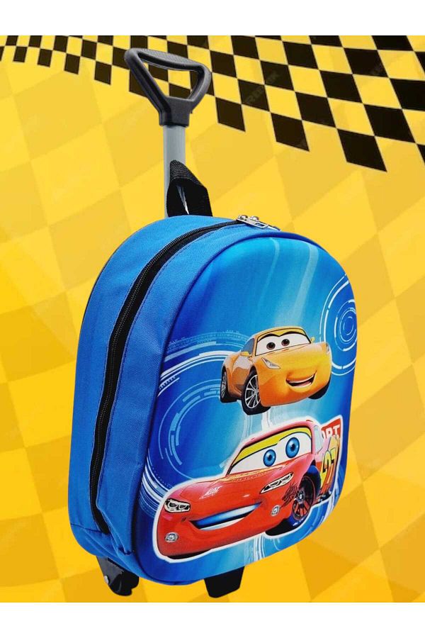 Uniquerrs Kindergarten Nursery Lightning McQueen 3D Embossed Backpack with Wheels and Squeegee and School Bag Trendyol