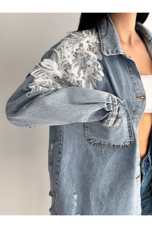 Ruched shoulder denim jacket shop