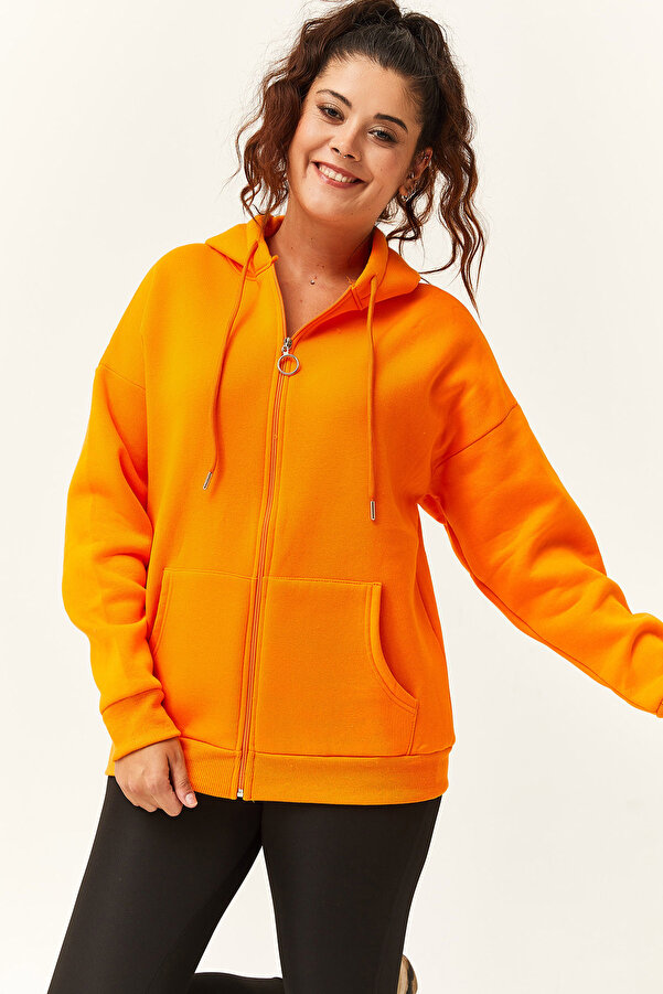 Ebsumu Plus Size Zippered Raised Orange Sweatshirt- Trendyol