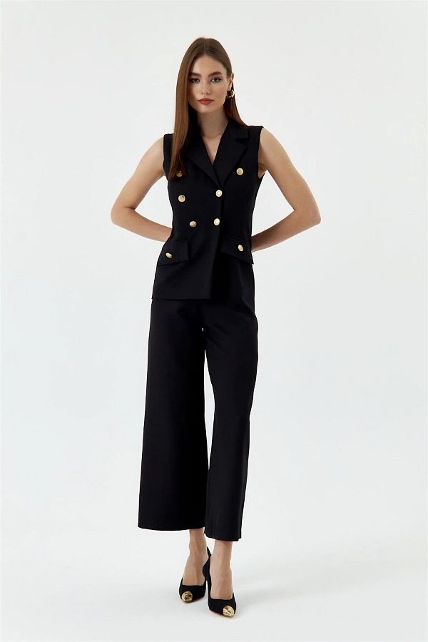 Black jumpsuit with gold buttons discount