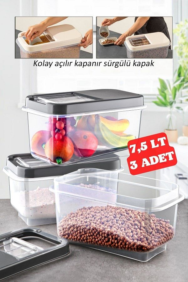 Nandy Home-3 Pieces 7.5 Lt Multibox with Easy Sliding Lid Food Pulses Vs. Storage Container Anthracite 1