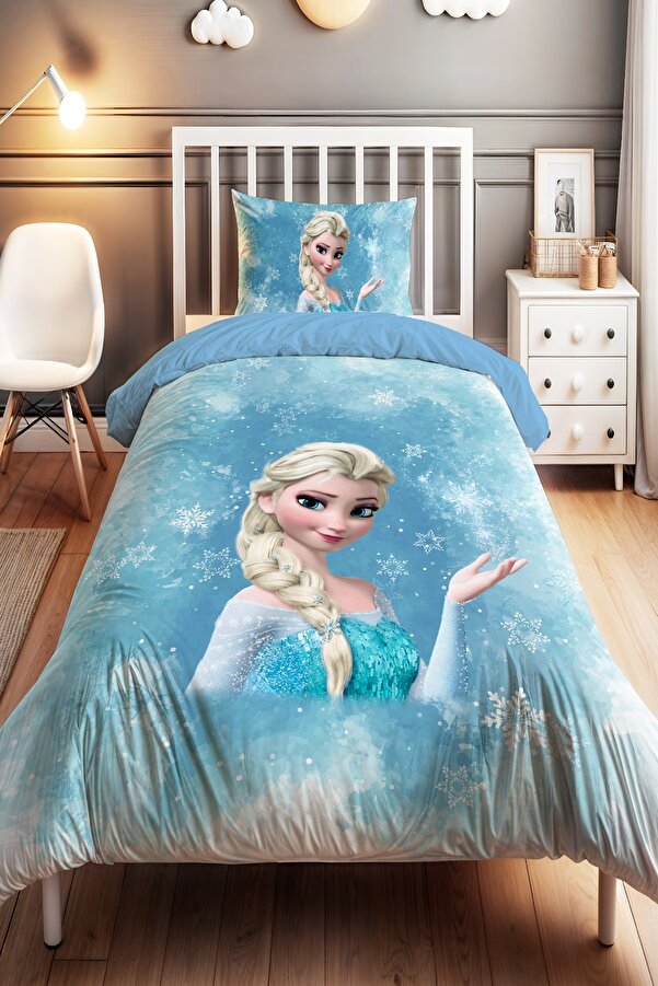 Evpanya Kartaneli Mavi Elsa Desenli Tek Kişilik Bebek Çocuk Nevresim Seti