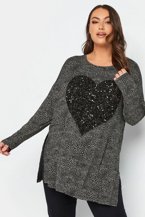 Stil Diva-Plus Size Slit Detailed Polka Dot Sequined Long Sleeve Crew Neck Blouse302497 1