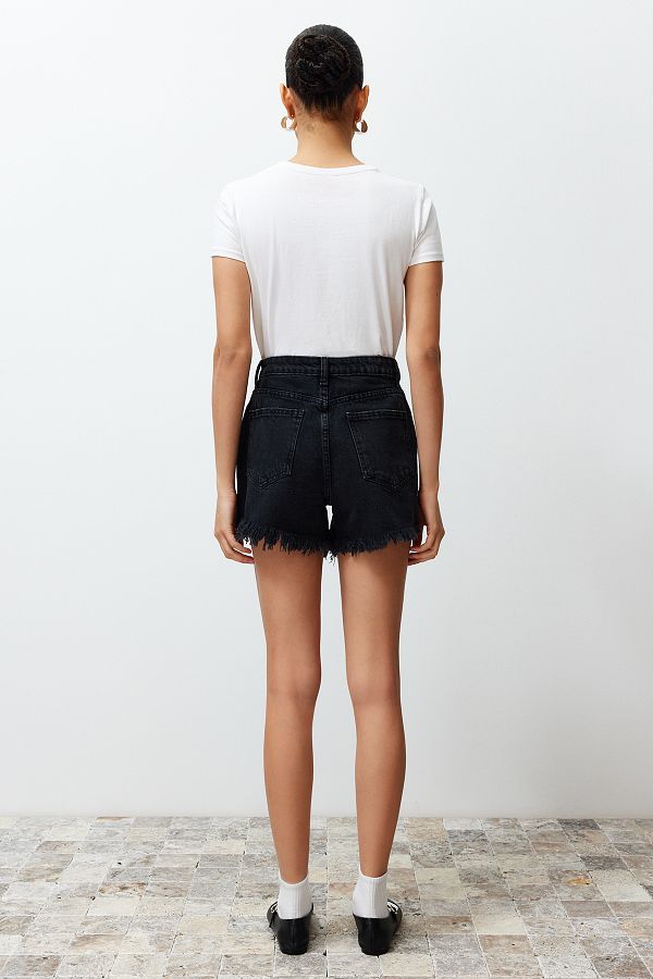 Trendyol Collection Blue High Waist Ripped Denim Shorts Twoss22Sr00030