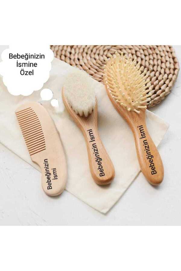 ComesBaby İsimli Özel 3''lü Set, Bebek Seti, Keçi Kılı Fırça & Bambu Uçlu Tarak & Ahşap Tarak