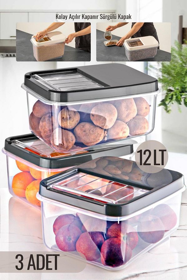 Nandy Home-Multibox 12 Lt Multi-Purpose Food Container with Easy Sliding Lid, Pulses and etc. Storage Container 3 Pieces 1