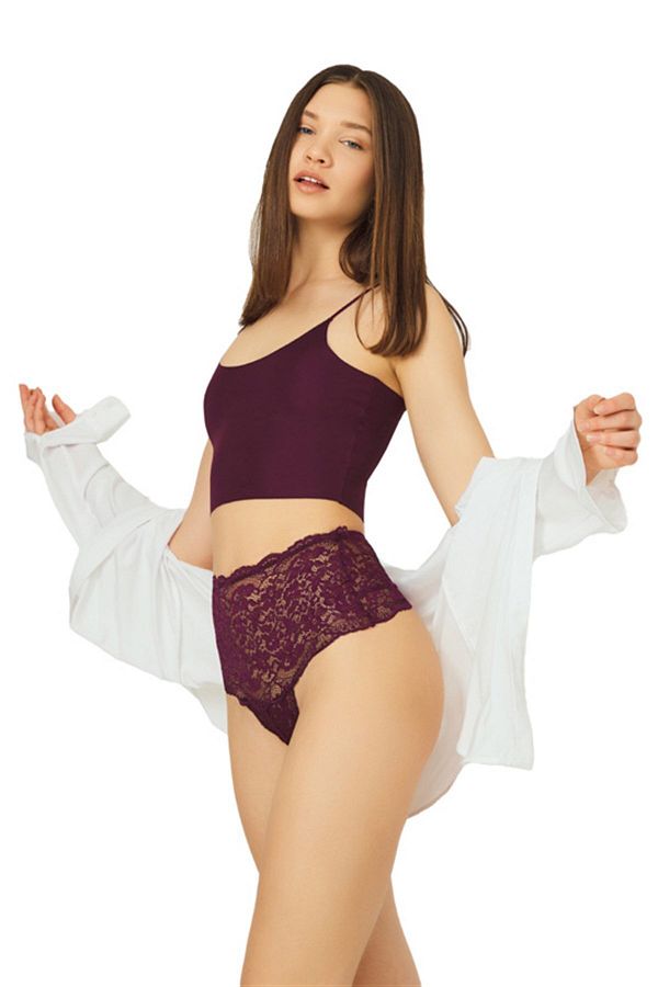 Cottonhill-Plum Lace Elastic Detailed High Waist Women's Thong Panties 1