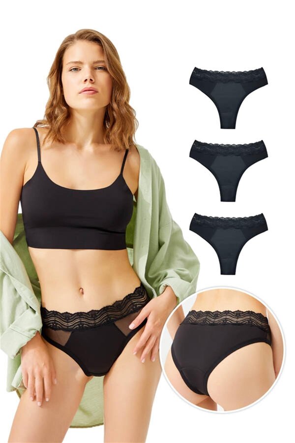 Cottonhill-3er-Pack Menstruationshöschen für Damen mit transparentem Tüll und detaillierten Details 1