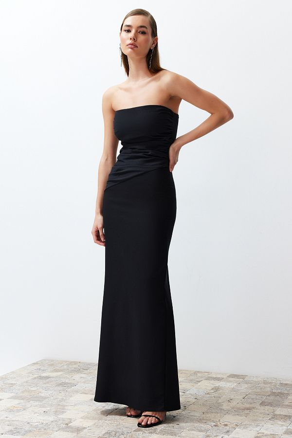 Trendyol Collection-Rochie lungă de seară țesută pe corp neagră TPRSS24AE00053 1