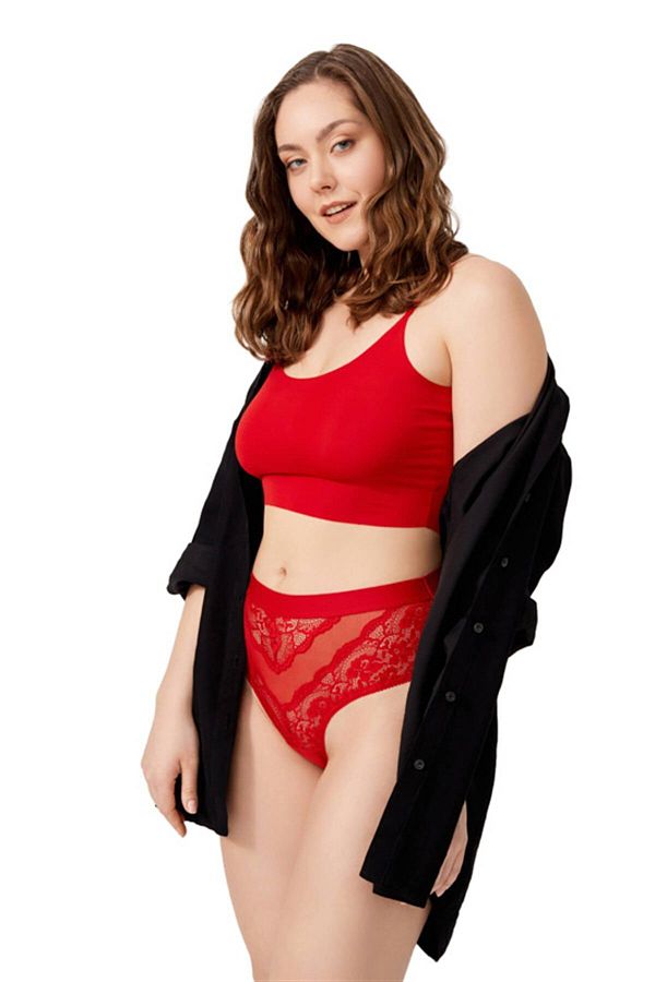 Cottonhill-Red Lace Transparent Back Plus Size Bikini Panties 1