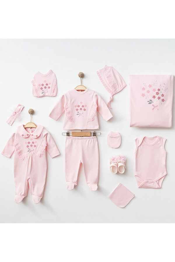 Melekpare Yenidoğan Kız Bebek Hastane Çıkışı Tulumlu Lüks Güpür ve Nakış Detaylı %100 Pamuk Kutulu 10 lu Set