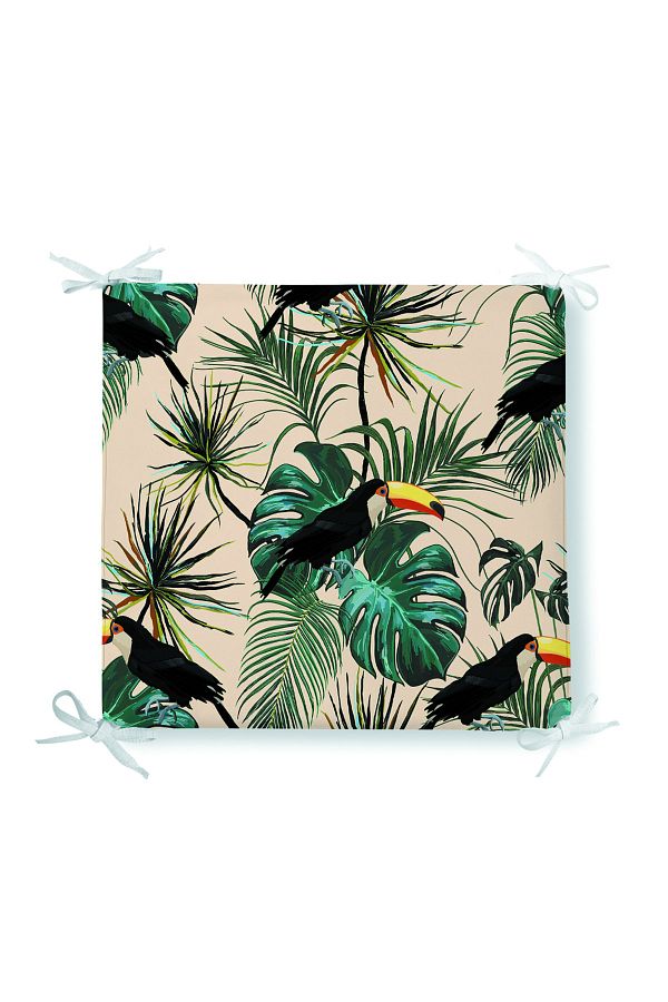 Realhomes-Zippered Chair Cushion with Sparse Leaves Tukan Bird Printed on Pink Background 1