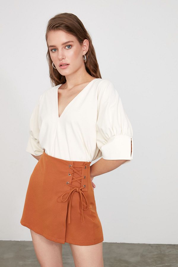 Trendyol Collection-Camel Binding és Eyelet részletesen szövött rövidnadrág szoknya TWOAW21SR0038 1