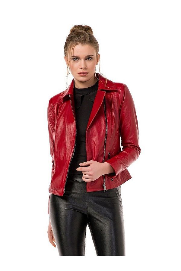 LEONARDO Women s Red Biker Sports Genuine Leather Jacket Coat Trendyol