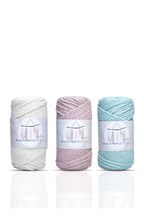 Makromecity-Taranan Macrame Thread 3mm Single Twist Macrame Scannable Hobby Thread Set of 3 Ecru Mint Baby Pink 1