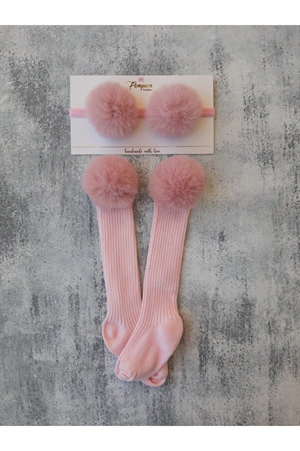 pempem bandana Kız Bebek Pembe Renkli Ponponlu Çorap Bandana Set